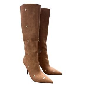 New Arqa Womens 7.5 Brown Faux Leather Studded 4" Heel Knee High Boots Shoes